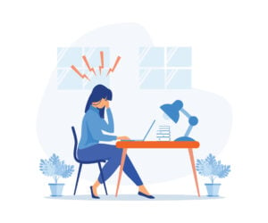 an illustration of a woman sat at a desk looking stressed with lightning bolts above her head.