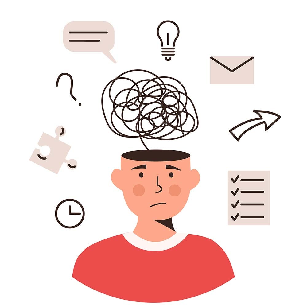 Human head with many thoughts, task and ideas. Child or adult with ADHD syndrome. Attention deficit hyperactivity disorder. Mental health, psychology concept. Vector flat style illustration.
 