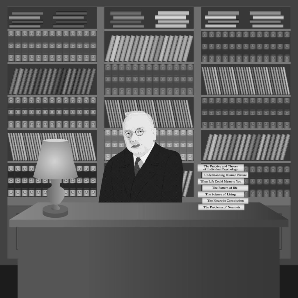 Portrait of Alfred Adler in the library with his own books. Hand drawn illustration. 