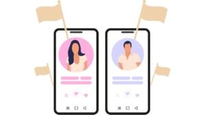 cartoon of two phone displaying dating profiles with beige flags coming out of the phone