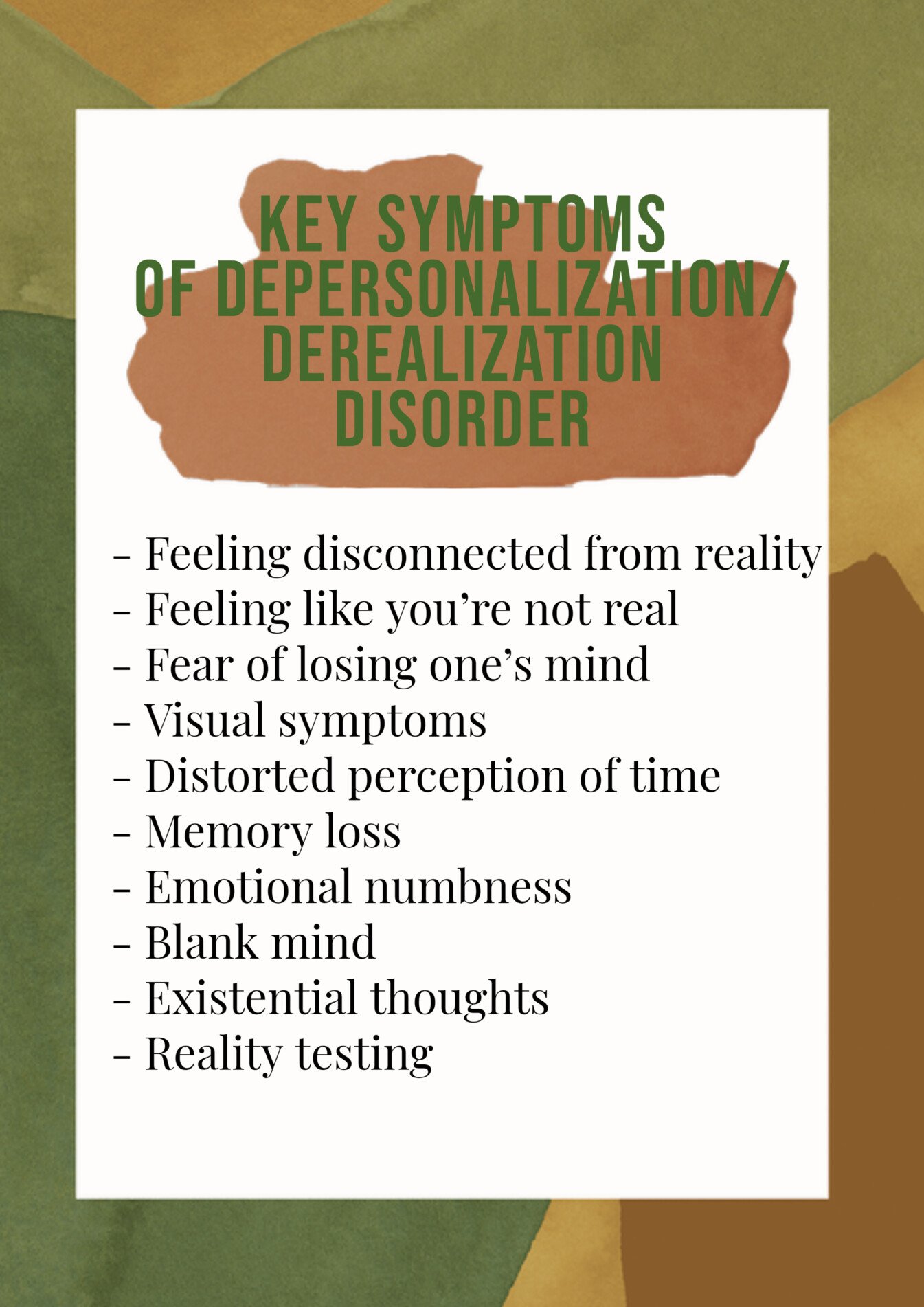 A list of some of the key symptoms of DPDR