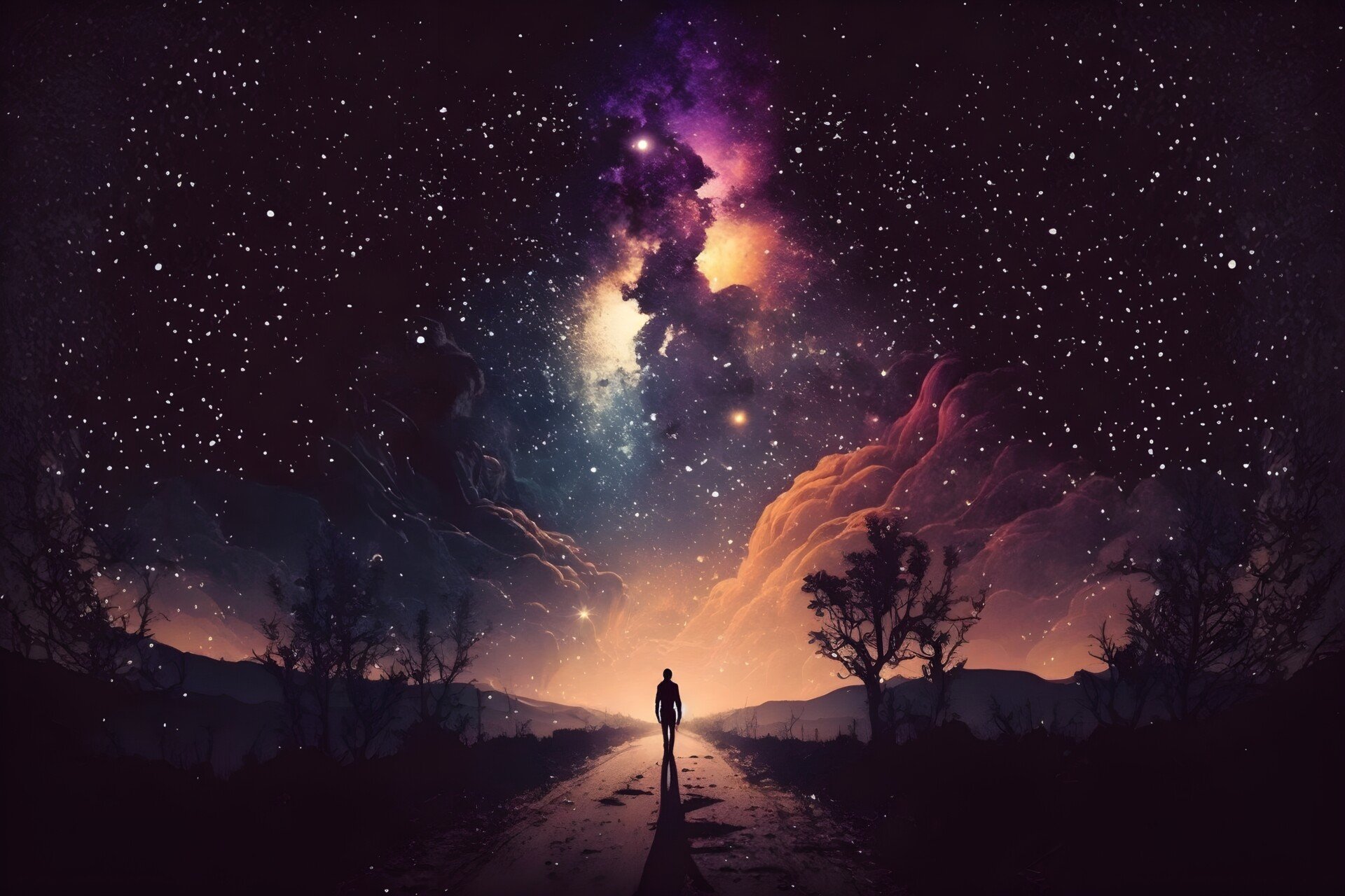 a colorful night sky with stars, clouds, and a person walking along a path