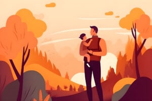 illustration of a father holding his young daughter in nature, autumnal colours