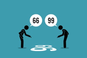 Two person arguing the number on the floor weather it is 66 or 99