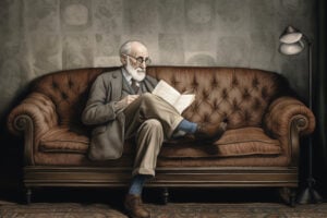 illustration of Freud sat on a sofa reading