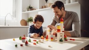 Smiling father and child playing with blocks at kitchen table