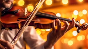Close up of man hands playing a violin. Modern blurred image. Abstract blur music background with copy space.