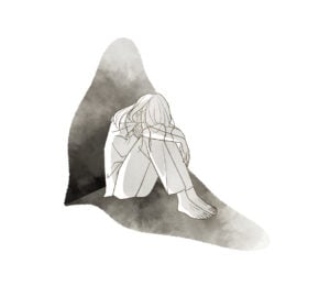 An illustration of a person sat on the floor with their head on their knees and looking upset