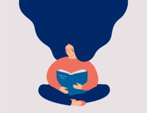 an illustration of a content woman sat cross-legged reading a book