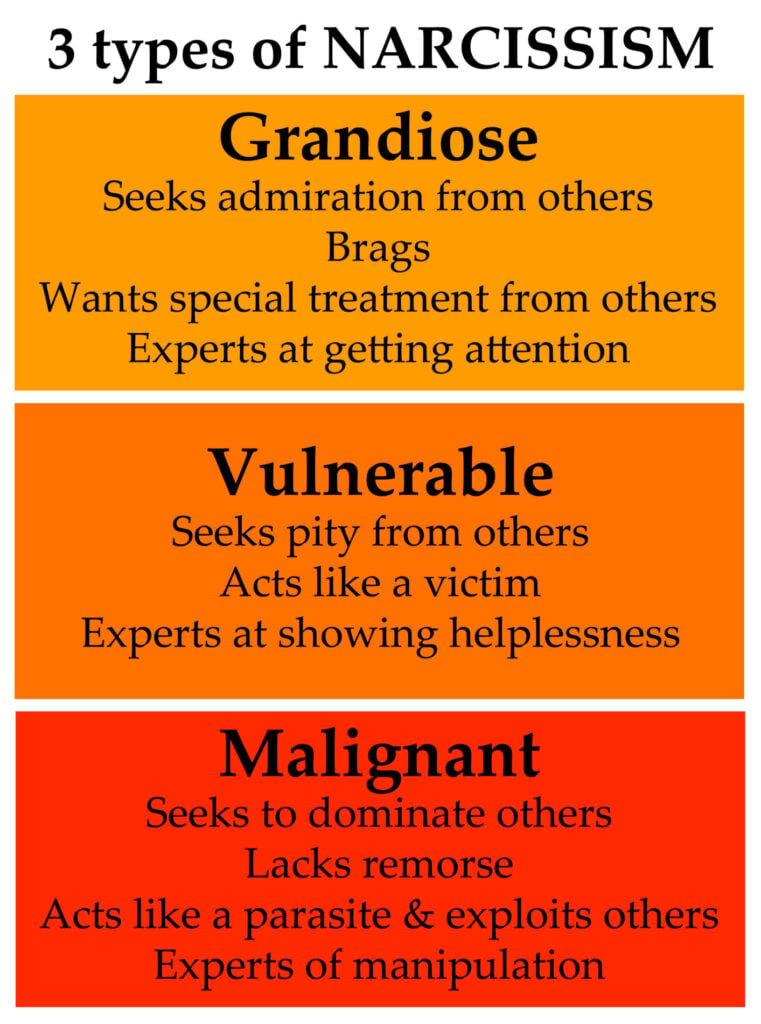 Text post with brief descriptions of types of narcissists: grandiose, vulnerable and malignant